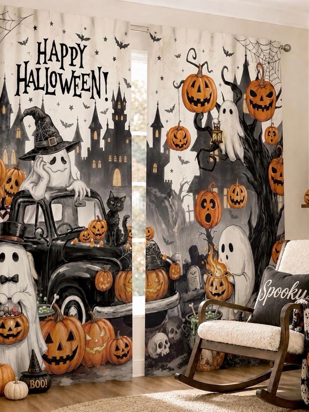 Happy Halloween Pumpkin & Ghost Curtain Panel Set 54” x 82”